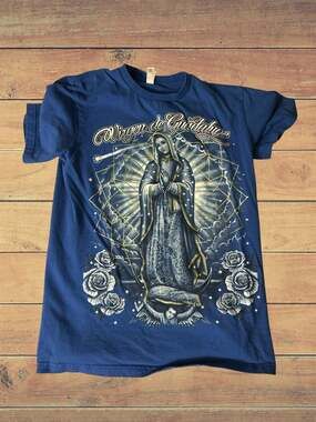 Virgen de Guadalupe Virgin Mary Graphic Blue T-Shirt